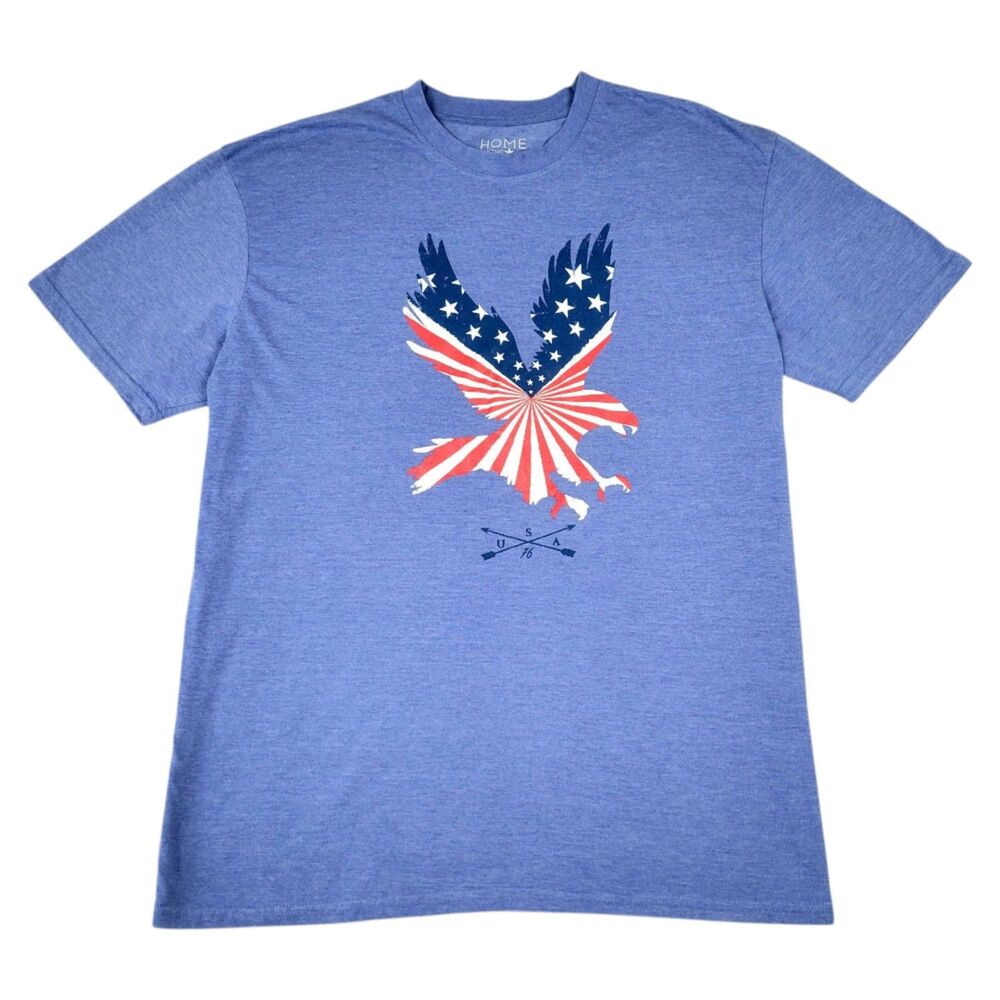 Mens XXL "HOME OF THE BRAVE" Blue Patriotic Soft Cotton Blend Short Sleeve Shirt